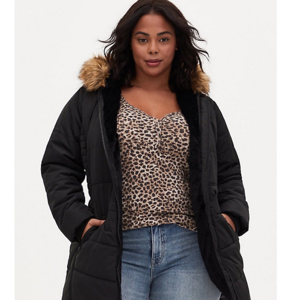 BLACK FAUX FUR TRIM HOODED FIT & FLARE PUFFER COAT